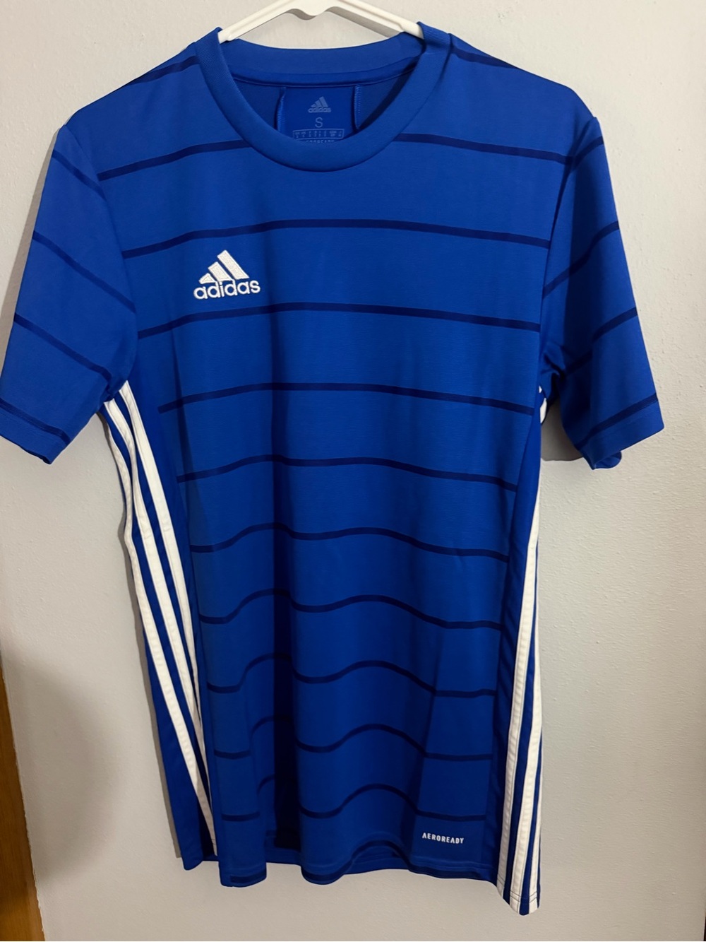 adidas Men’s Blue Striped Athletic Tee with White Side Stripes